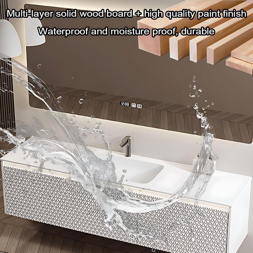 104IN Bathroom Vanity - Simple Bathroom Vanity with 2 Large Capacity Drawers, Luxury Sink Cabinet with Smart Defog Mirror, Customizable Size, No Assembly Required