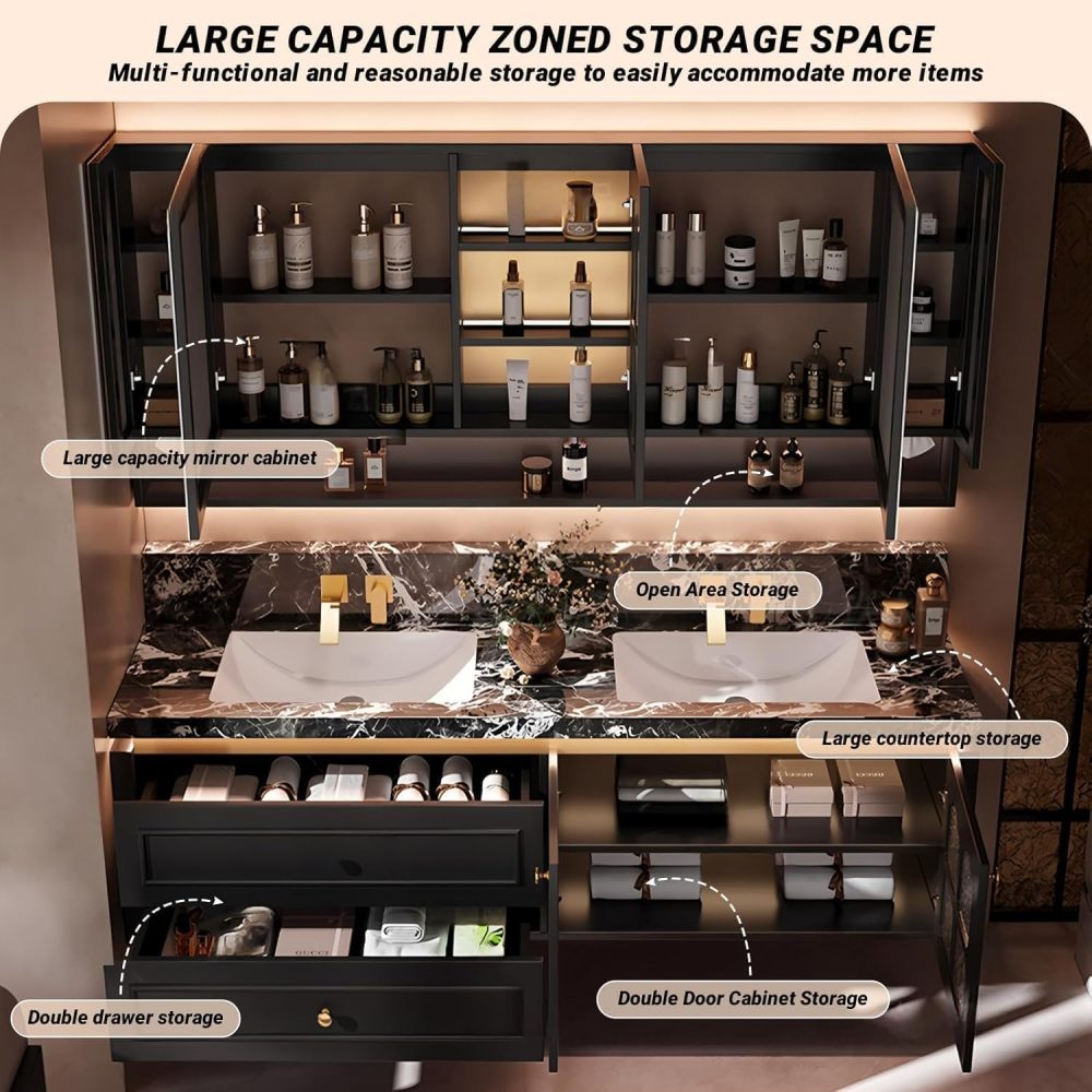 84IN Double Sink Bathroom Vanity - Floating Bathroom Vanity with Smart LED Defogger Mirror & Marble Countertop, Large Storage Cabinet with Glass Door, Includes Accessories, Brown