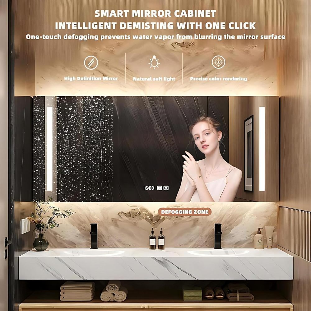 54 inch Double Sink Bathroom Vanity - Modern Bathroom Vanity with LED Smart Anti-Fog Mirror & Open Storage Layer, Drawer & One-Piece Sink, Includes Accessories, Fully Assembled, White
