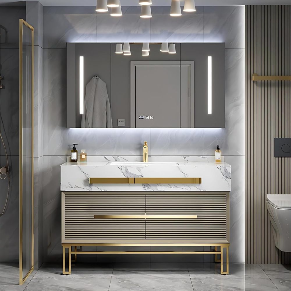 Bathroom Vanity with Sink - Modern Single/Double Sink Bathroom Vanity Cabinet & Smart Defogger Mirror Cabinet Set, Multi-Layer Solid Wood Material | Floor-Mounted Installation (Single Sink,36")