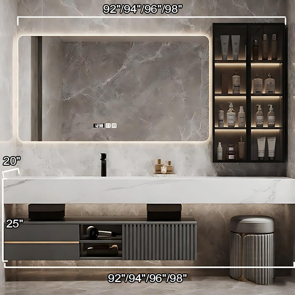 92IN Bathroom Vanity - Modern Bathroom Vanity with Multiple Storage Areas, Floating Sink Cabinet with Smart Defog Mirror, Includes Makeup Stool, No Assembly Required, Gray