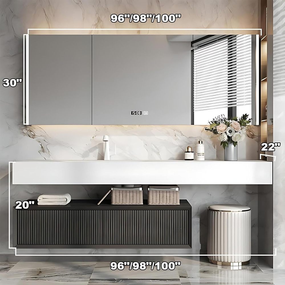 96 inch Bathroom Vanity with Sink - Modern Bathroom Vanities with Smart Defogging Mirror Cabinet, Solid Wood Extend Makeup Table Area, Includes Stool & Accessories, Black
