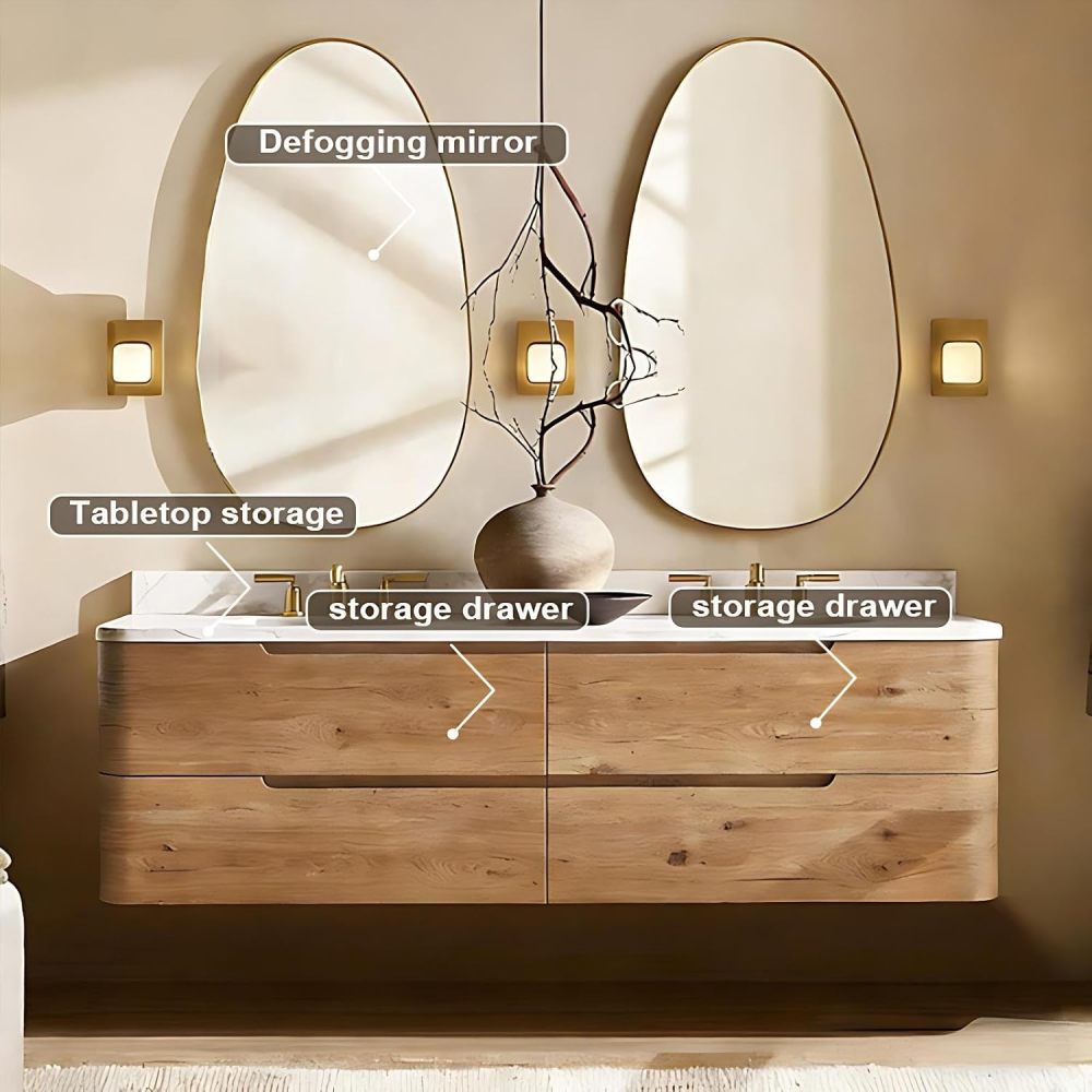 88IN Bathroom Vanity with Sink - Modern Bathroom Vanity Cabinet with Mirror, Double Floating Sink, Solid Wood, Intelligent Defogging, Custom Sizes - Complete Accessories, Brown