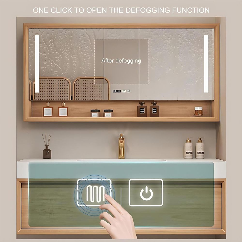 92 inch Bathroom Vanity with Sink - Modern Bathroom Vanity Set Includes LED Smart Defogging Mirror Cabinet, Floating Vanities with One Piece Sink, Includes Accessories, Wood