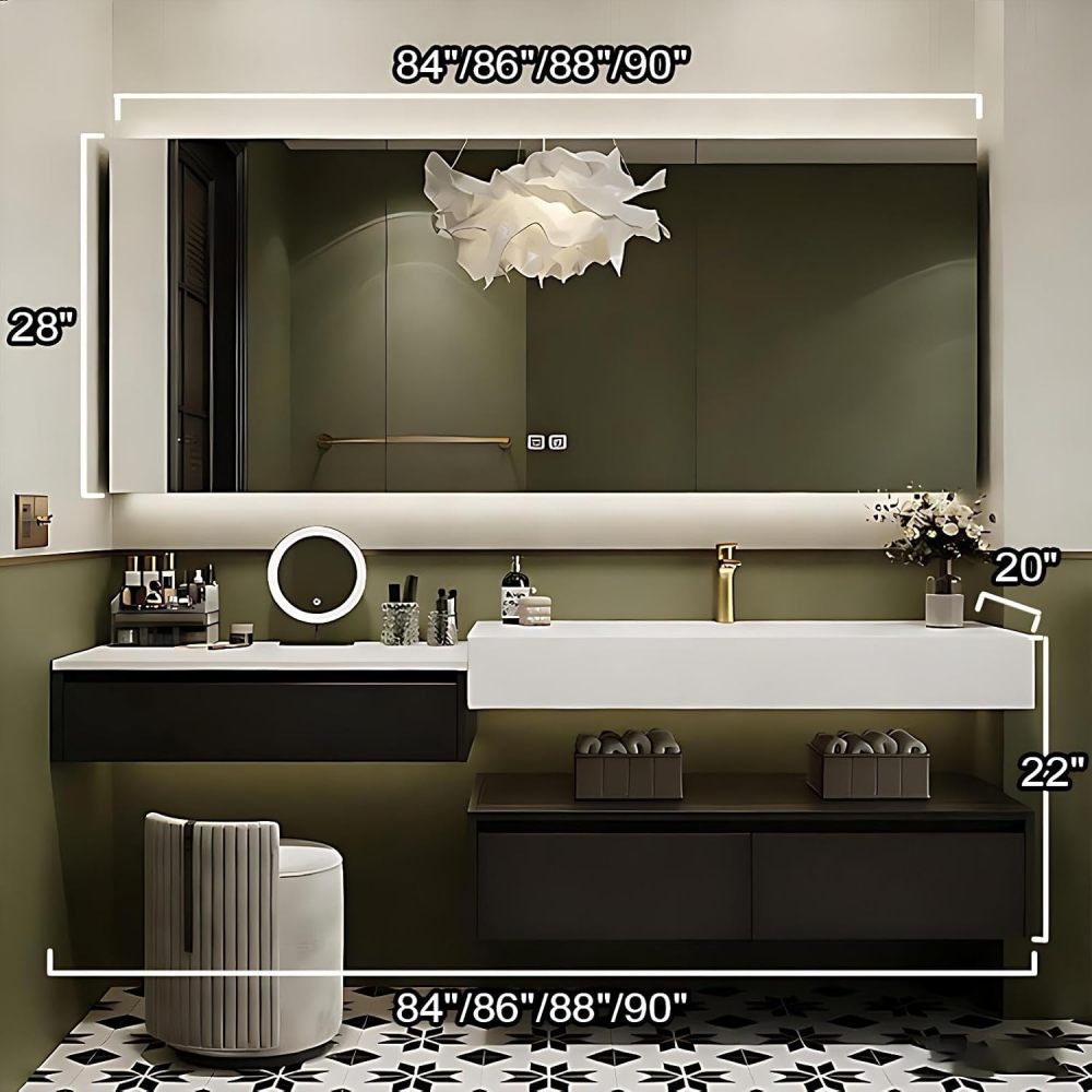 90IN Bathroom Vanity - Modern Bathroom Vanity with Smart Defog Mirror, Luxury Sink Cabinet with Multiple Storage Areas, Includes Makeup Stool, No Assembly Required