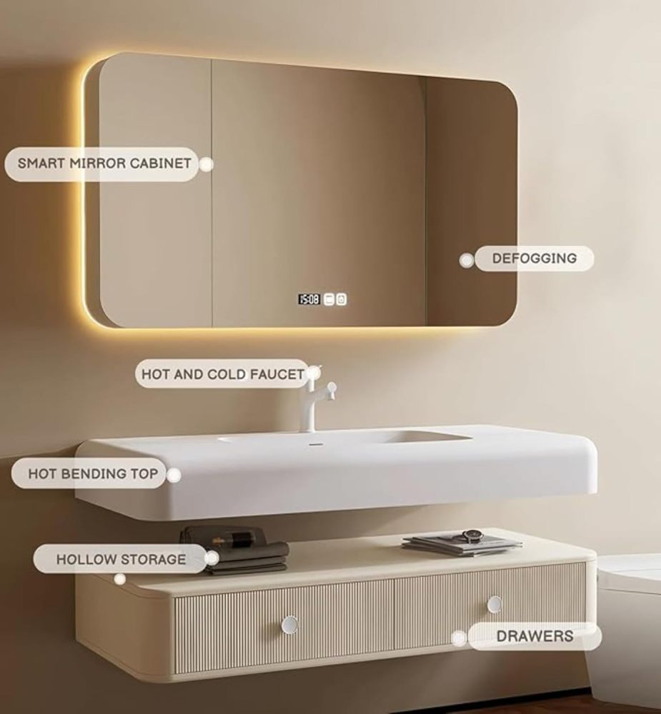 94 inch Wall-Mount Bathroom Sink Vanity - Floating Bathroom Vanity with LED Smart Defog Mirror Cabinet, Solid Wood, Seamless Countertop, Striped Drawers, Include Accessories, Apricot