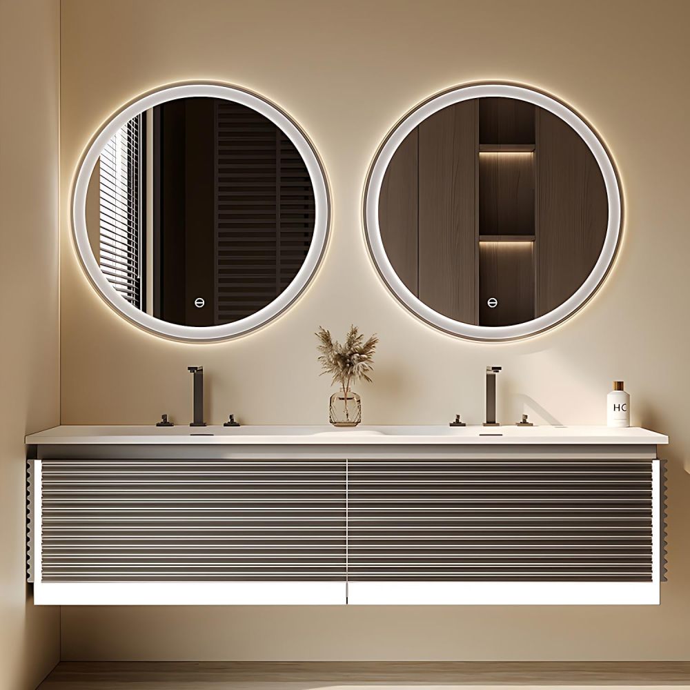 Modern Bathroom Vanity with Sink - Elegant Double Sink Bathroom Vanity Set, Wall-Mounted Bathroom Sink Cabinet with Intelligent LED Defog Mirror, Solid Wood Floating Vanity (88")