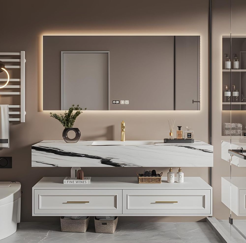 48IN Bathroom Vanity with Sink - Floating Vanity Sink Cabinet with Marble Countertop & Integrated Basin, Defog Mirror, Oak Solid Wood Vanity with Drawers, Includes Accessories, Marble White