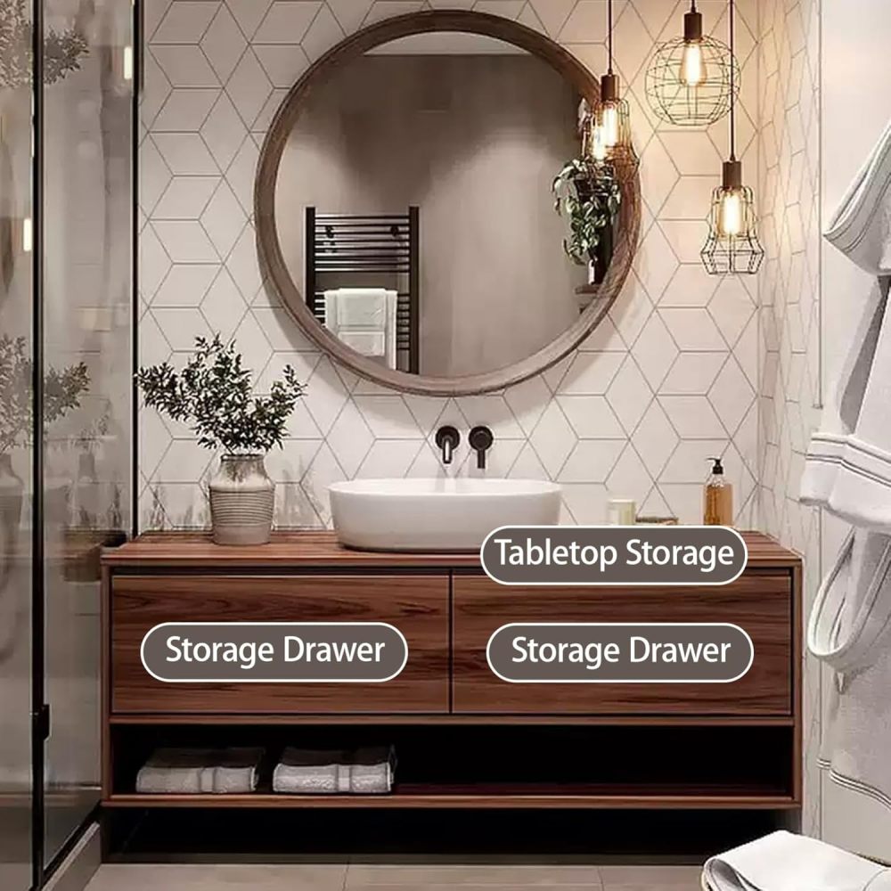 92IN Bathroom Vanity with Sink - Single Floating Sink Design with Smart Defogging Mirror, Solid Wood Bathroom Vanity Cabinet, Waterproof, Custom Size - Complete Accessories, Circular Mirror