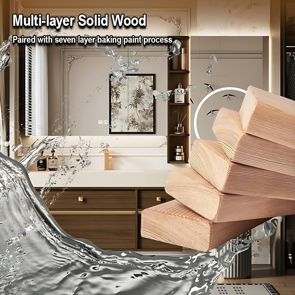98IN Bathroom Vanity with Sink - Modern Single Sink Floating Solid Wood Bathroom Vanity Cabinet, Featuring Defogging Mirror Cabinet and Integrated Sintered Stone Sink, Separate Vanity Area