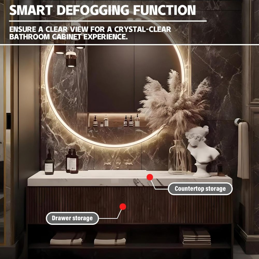 104IN Solid Wood Bathroom Vanity with Sink - Retro Single Floating Sink, Bathroom Vanity Cabinet with Smart Anti-Fog Mirror & Seamless Stone Sink - Customizable Sizes, Brown
