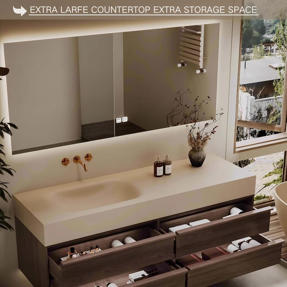 40 inch Bathroom Vanity with Sink - Wall Mounted Bathroom Vanity Set with Defogging Mirror, Seamless Top & Solid Wood Storage Cabinet with 4 Drawers, Includes Accessories, Wood