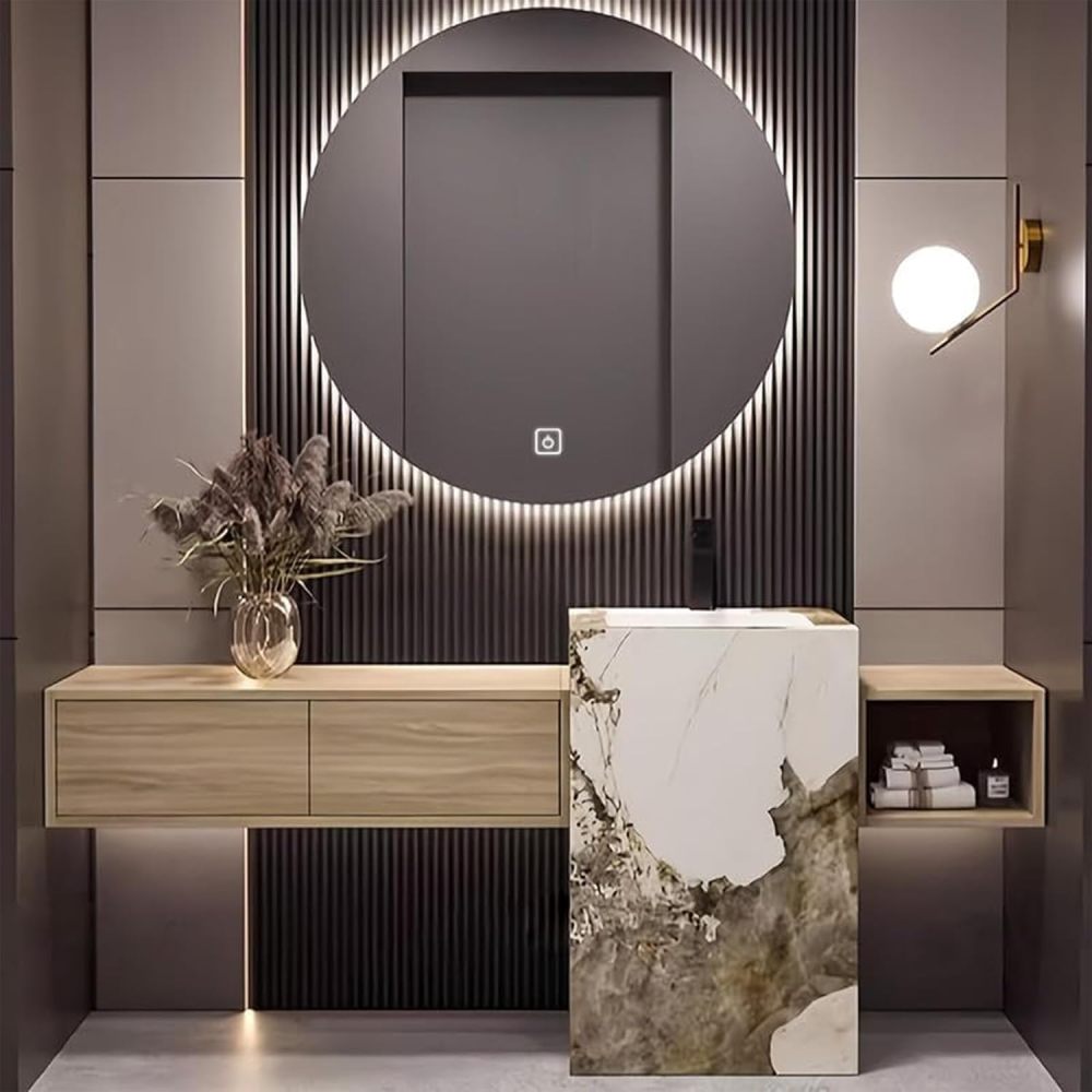 80IN Bathroom Vanity with Sink - Freestanding Bathroom Vanity with Marble Sink, Smart Defogger Round Mirror, Solid Wood, Unique Design, Open Shelves, Includes Accessories, Wood Shelf