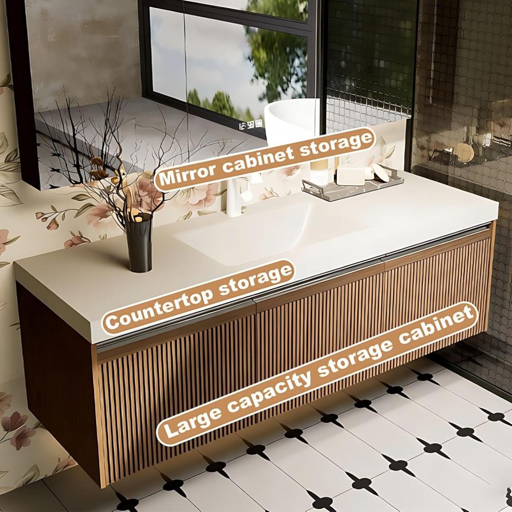 74IN Bathroom Vanity Sink Set - Floating Bathroom Sink Cabinet with Smart Defogging Mirror, Integrated Countertop Design, Durable Solid Wood, Complete Accessories, Wood A