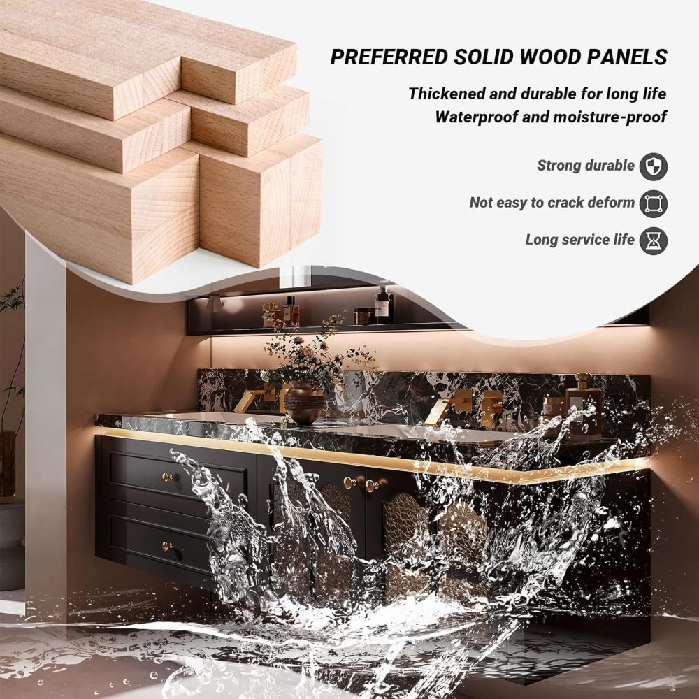 84IN Double Sink Bathroom Vanity - Floating Bathroom Vanity with Smart LED Defogger Mirror & Marble Countertop, Large Storage Cabinet with Glass Door, Includes Accessories, Brown