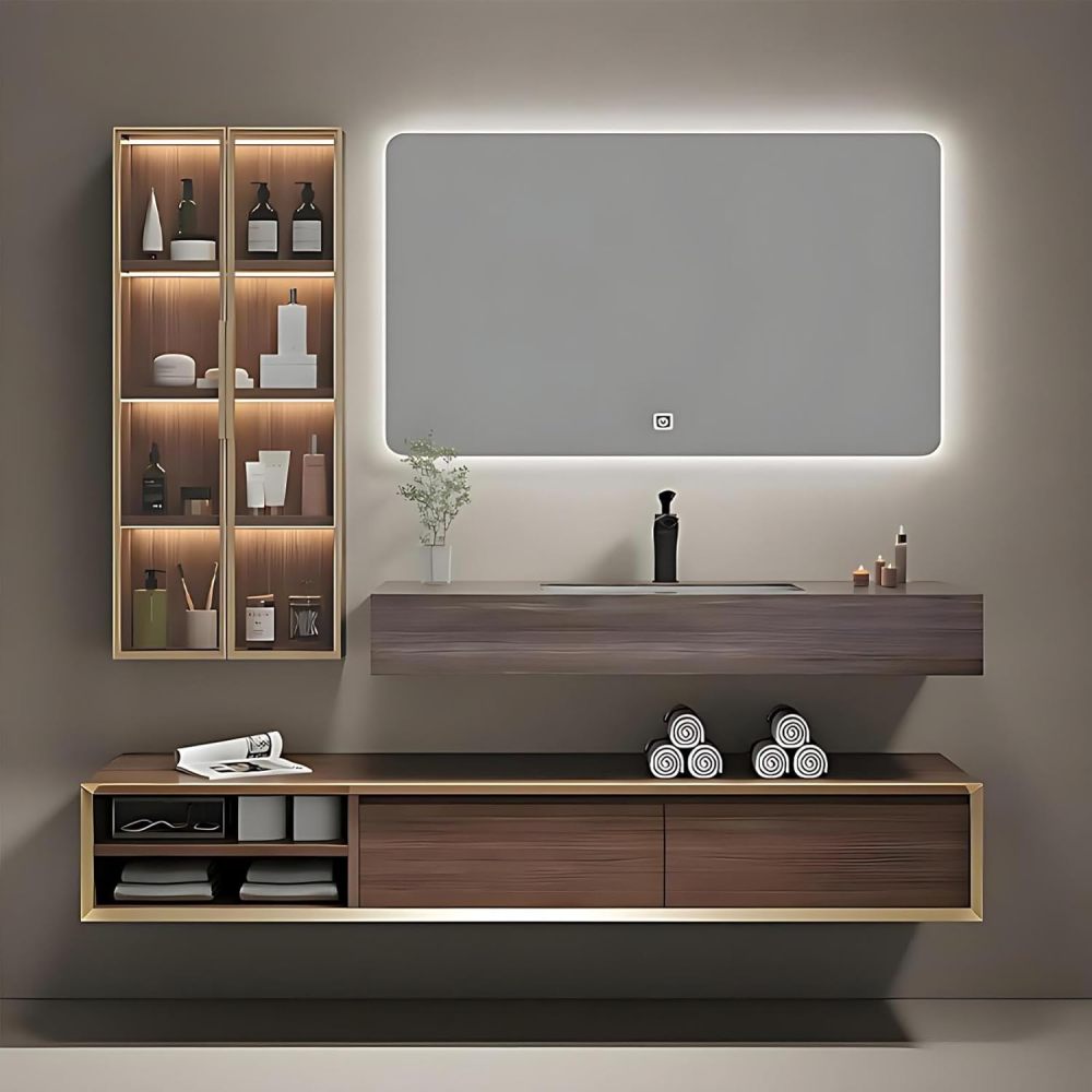 60IN Bathroom Vanity - Solid Wood Bathroom Vanity Set Includes Smart Defog LED Mirror and Side Glass Cabinet with Ambient Lights, Complete Accessorie, Fully Assembled, Brown