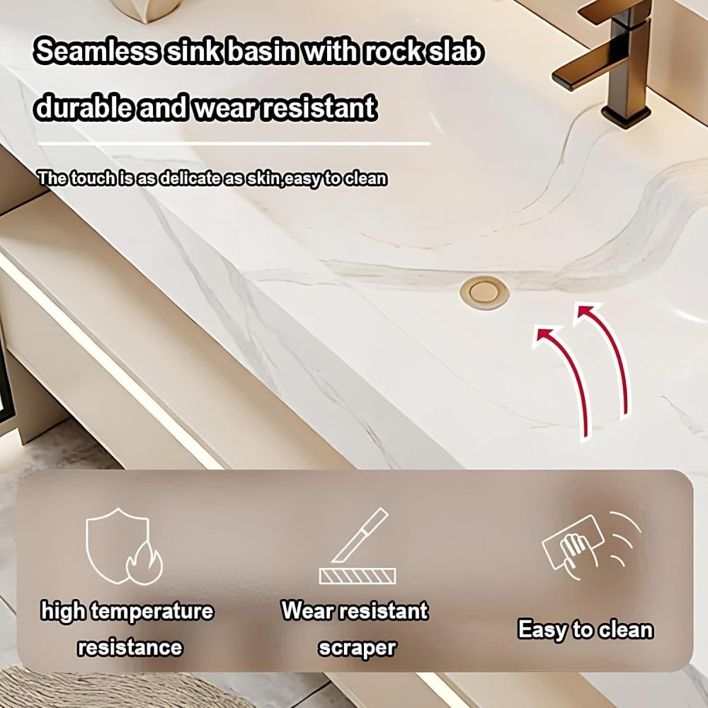 74IN Bathroom Vanity with Sink - Modern Floating Single Sink Vanity Cabinet & Defogger Mirror, One-Piece Sink Design, Solid Wood Waterproof, Motion-Sensitive Lighting, Customizable Sizes
