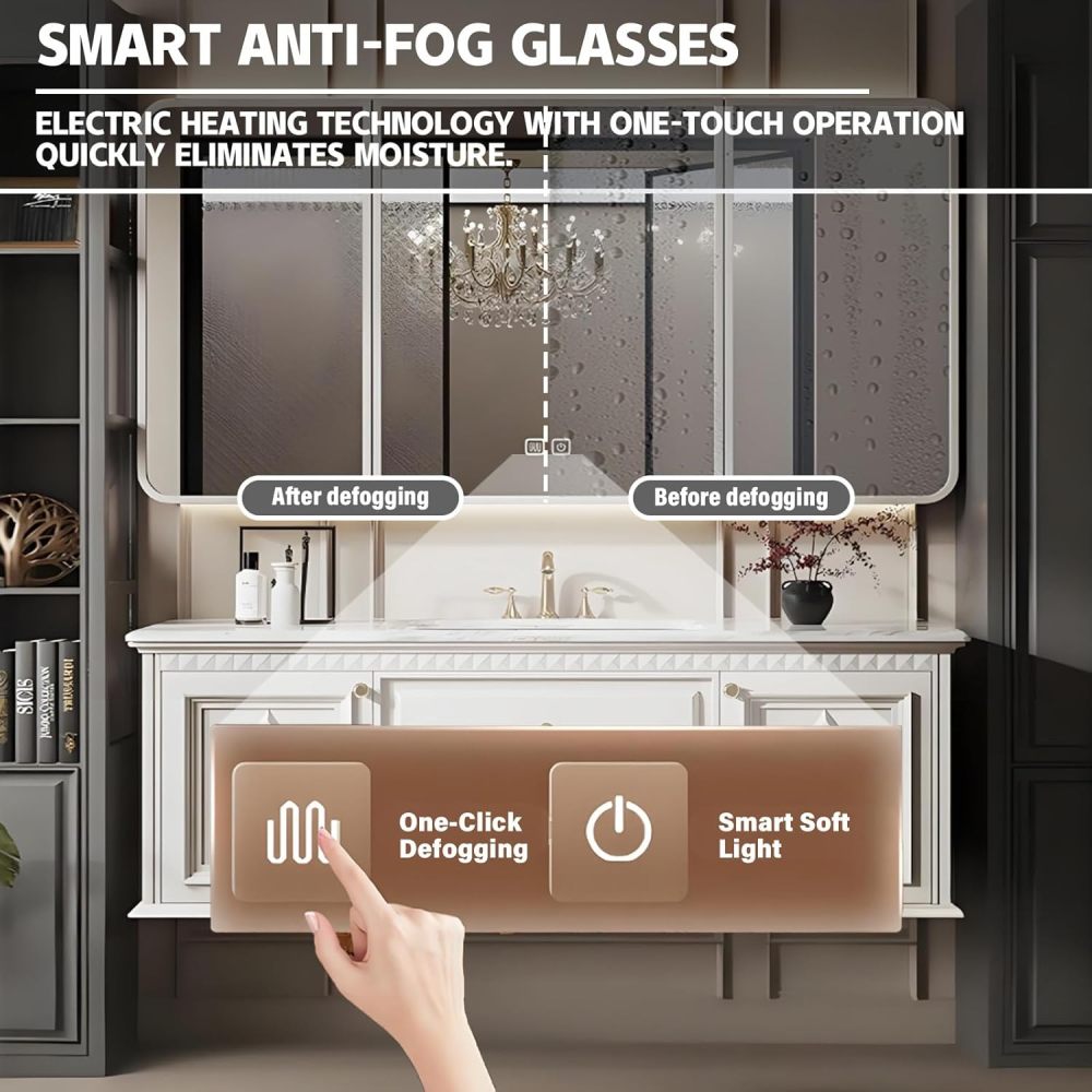 74IN Modern Solid Wood Bathroom Vanity with Sink - Single Floating Sink Design, Bathroom Vanity Cabinet with Smart Anti-Fog Mirror, One-Piece Stone Sink, Quiet Drawers, Gray