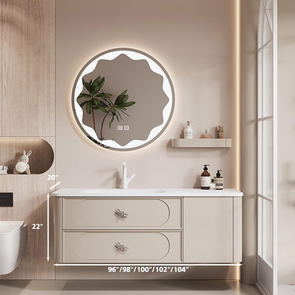 96IN Modern Solid Wood Bathroom Vanity with Sink - Single Floating Sink Design, Bathroom Vanity Cabinet with Smart Anti-Fog Mirror, Stylish Integrated Stone Sink - Easy to Install Mirror.1