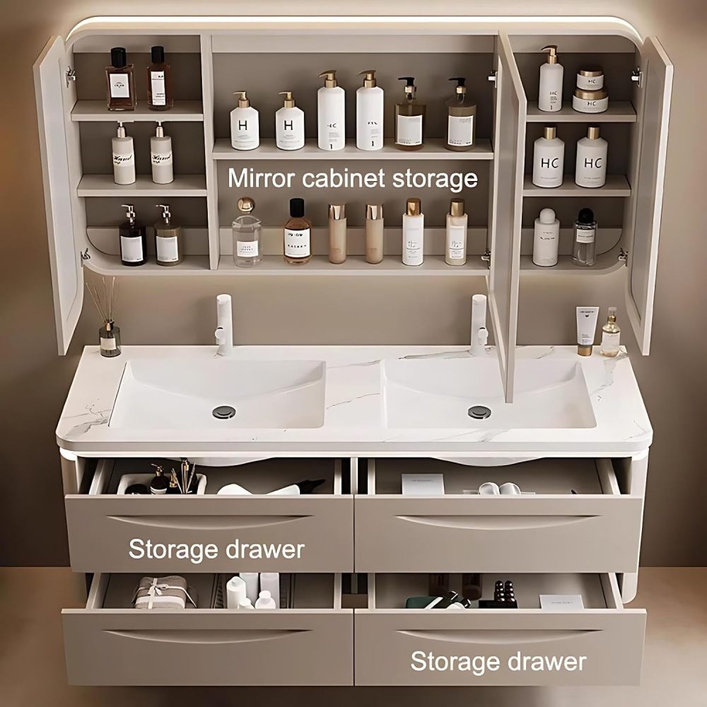 54IN Double Sink Bathroom Vanity - Modern Bathroom Vanity with Smart Defog Mirror, Floating Sink Cabinet with 4 Large Capacity Drawers, No Assembly Required