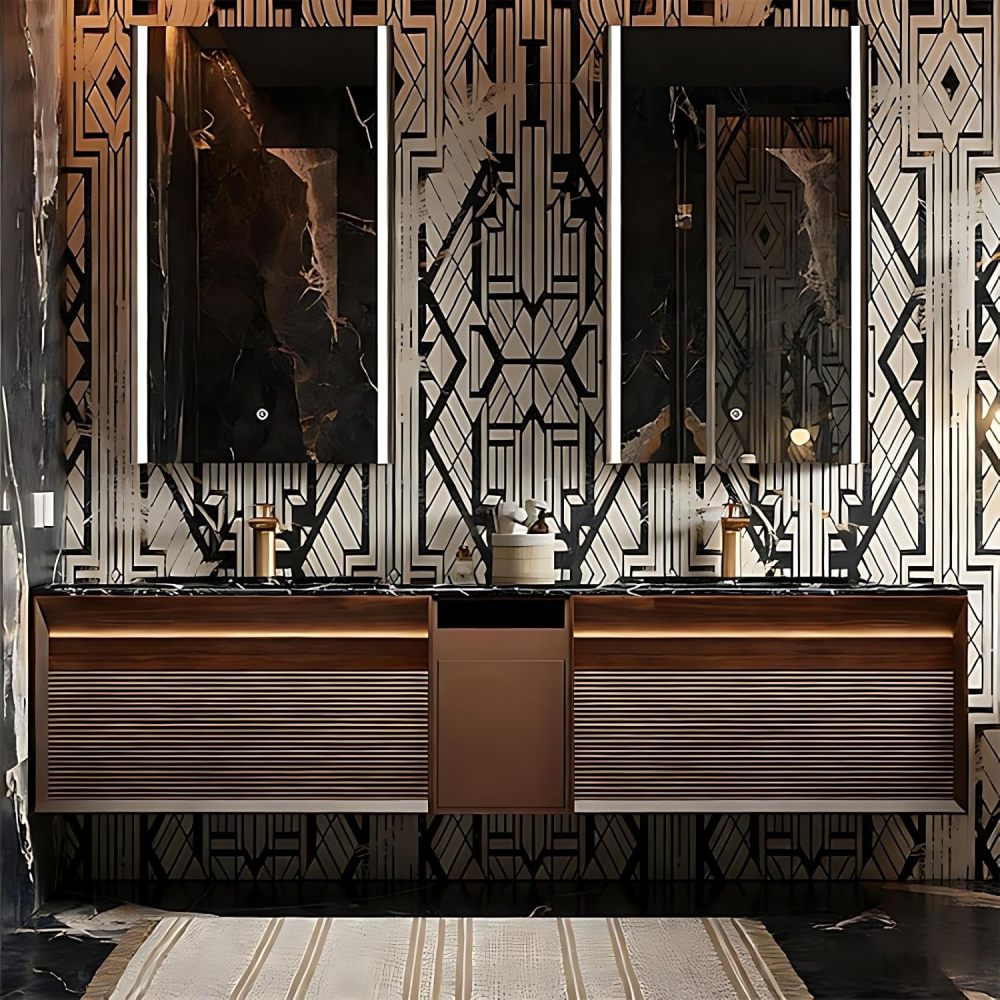 60IN Double Sink Bathroom Vanity - Luxury Bathroom Vanity with Smart Defog Mirror, Floating Sink Cabinet with Multiple Storage Areas, No Assembly Required, Brown - Mirror