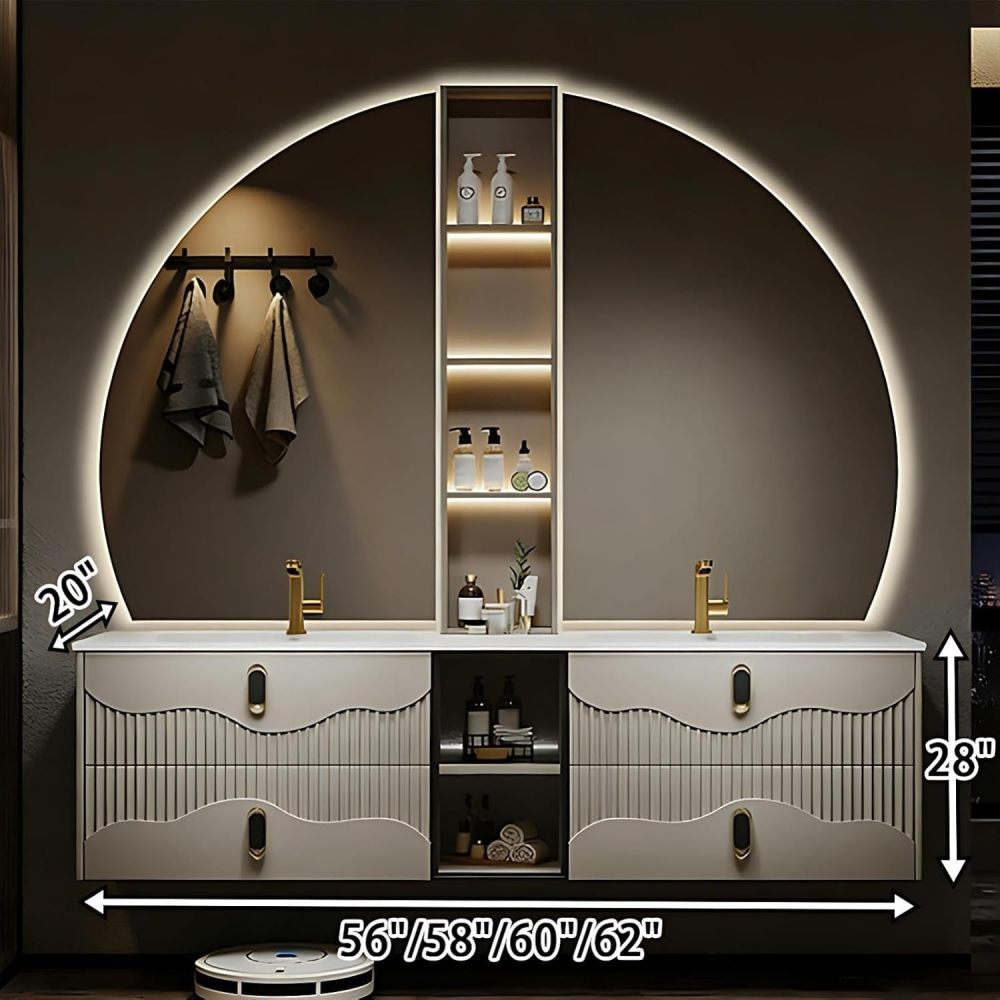 72IN Bathroom Vanity - Modern Floating Bathroom Vanity with Sink, Solid Wood Wall-Mounted Sink Cabinet, Anti-Fog Mirror & Storage, Fully Assembled, Mirror B