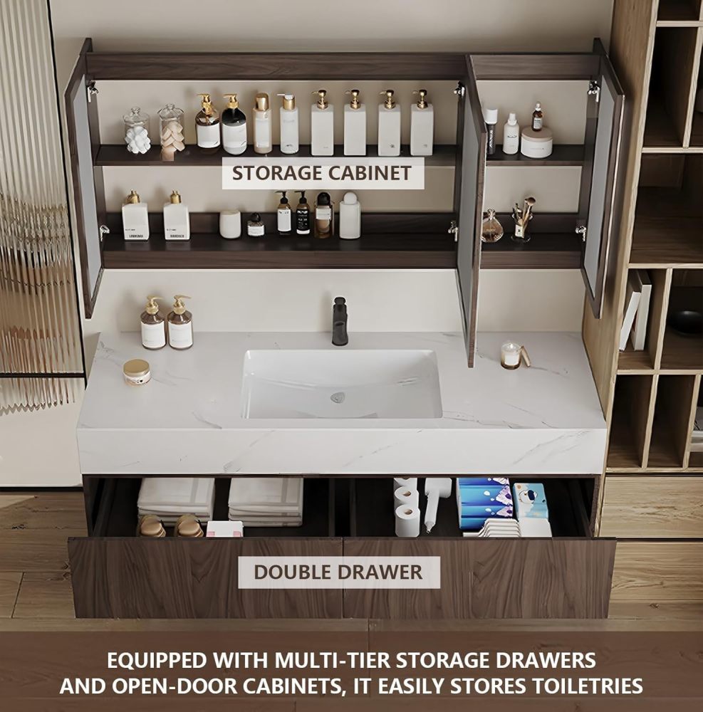 90IN Floating Bathroom Vanity with Sink - Bathroom Vanity with Thickened Countertop, Wall Mounted Cabinet with Undermount Sink, Includes Accessories, Classic Walnut