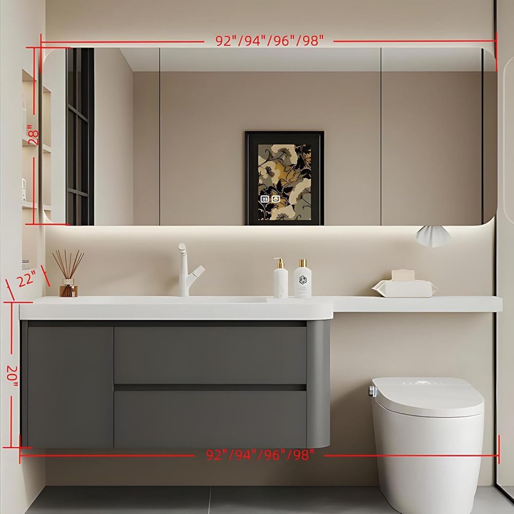 98IN Floating Bathroom Vanity with Sink - Modern Sink Set with Smart Defog Mirror Cabinet & Extended Countertop, Large Storage Space & Soft Closing Doors, Includes Accessories, Grey