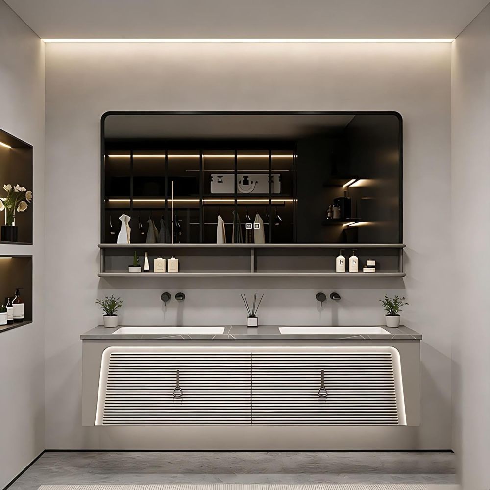 60IN Bathroom Vanity - Luxury Bathroom Vanity with Smart Defog Mirror, One-Touch Defog & Lighting, Floating Sink Cabinet with 2 Large Capacity Drawers, No Assembly Required, Brown