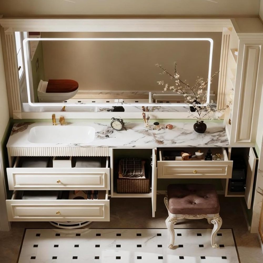 72IN Bathroom Vanity with Sink - Floating Bathroom Sink Cabinet with Makeup Area, LED Anti-Fog Mirror, Fully Assembled, Complete Accessories, Includes Makeup Stool, White