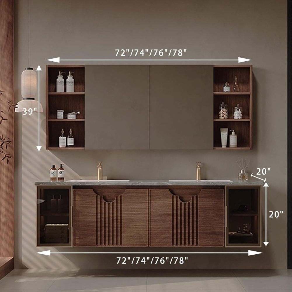 72IN Modern Bathroom Vanity with Sink - Solid Wood Wall-Mounted with Anti-Fog Mirror, Stylish Bathroom Vanity with Drawers, Custom ?Fully Assembled?,Mirror CABINETS