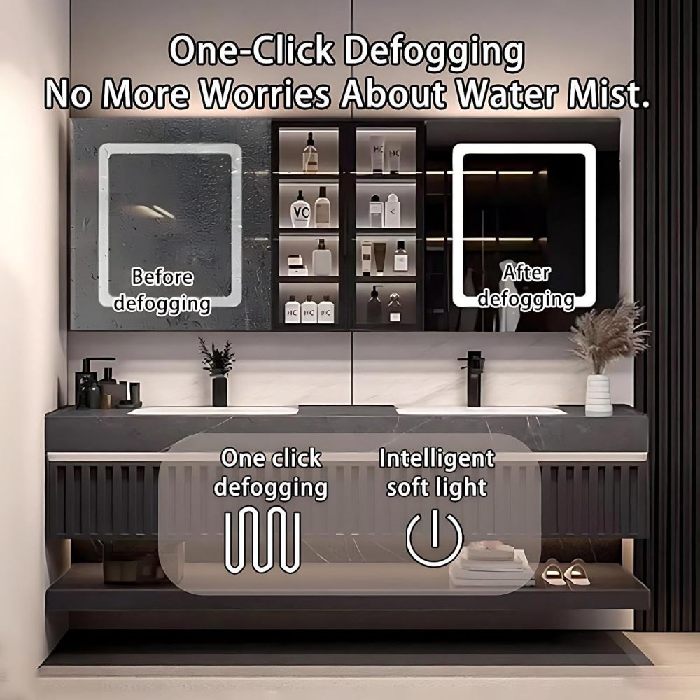 60IN Bathroom Vanity - Wall Mounted Bathroom Vanity with Seamless Double Sink and Smart Anti-Fog Mirror Cabinet, Modern Sink Cabinet with 3 Drawers, Black - Mirror Cabinet
