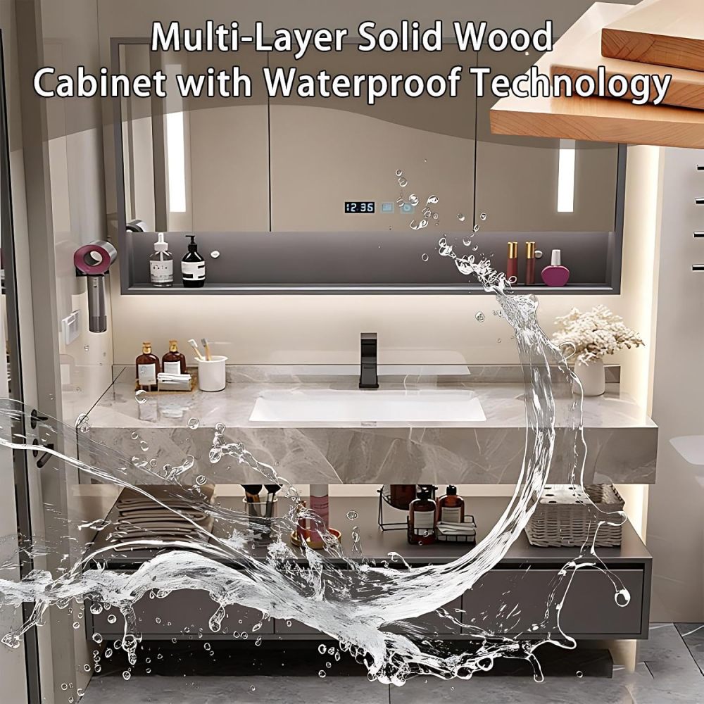 60IN Bathroom Vanity - Modern Bathroom Vanity with Smart Defog Mirror, One-Touch Defog & Lighting, Floating Bathroom Sink Cabinet with 3 Drawers & Seamless Sink, No Assembly Required