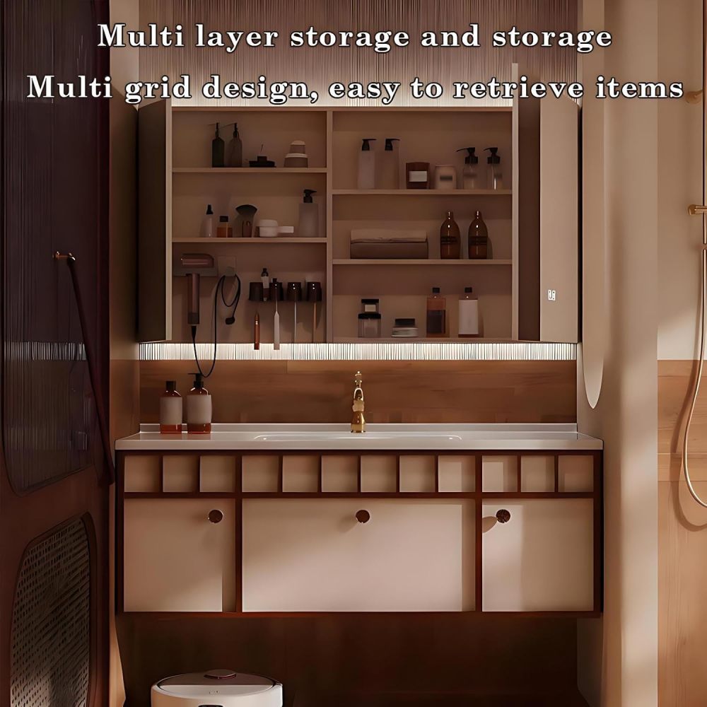 72IN Floating Bathroom Vanity with Sink - Bathroom Vanity with Smart Anti-Fog Mirror & Seamless Basin, Storage Sink Cabinet with Drawer | Complete Accessories, Fully Assembled, Wood B