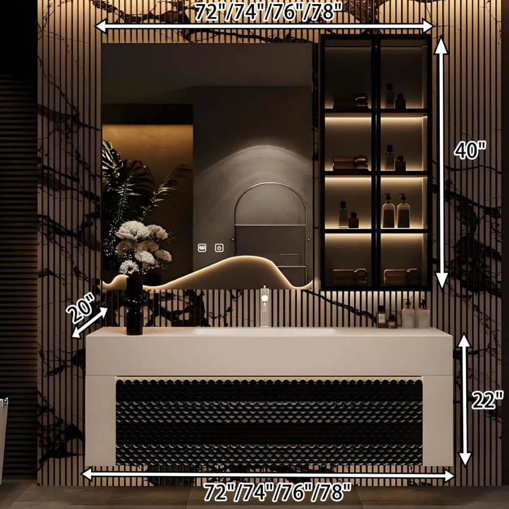 72IN Bathroom Vanity - Floating Bathroom Vanity with Sink & LED Anti-Fog Mirror, Glass Side Cabinet, Wall Mounted Design, Fully Assembled, Off White