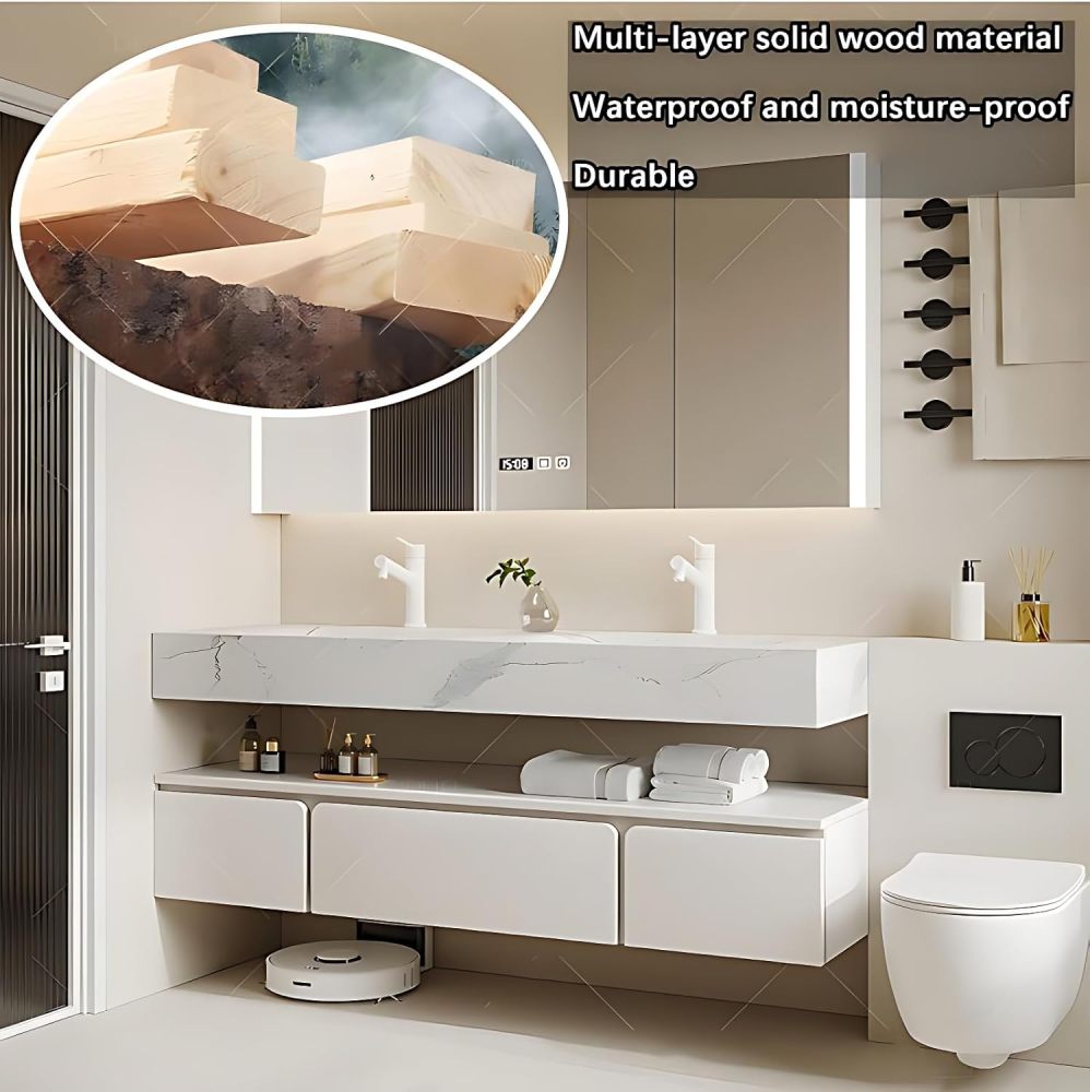 Bathroom Vanity - Modern Double Sink Bathroom Vanity, Including Sink & LED Smart Defog Function | Wall Mount | Multi-Layer Solid Wood Material (White, 88")
