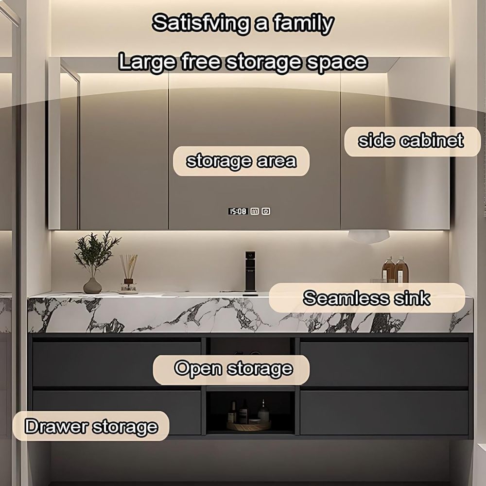 98IN Bathroom Vanity - Simple Bathroom Vanity Smart Defog Mirror & Seamless Sink, Solid Wood Sink Cabinet with 4 Drawers, Complete Accessories, No Assembly Required, Grey