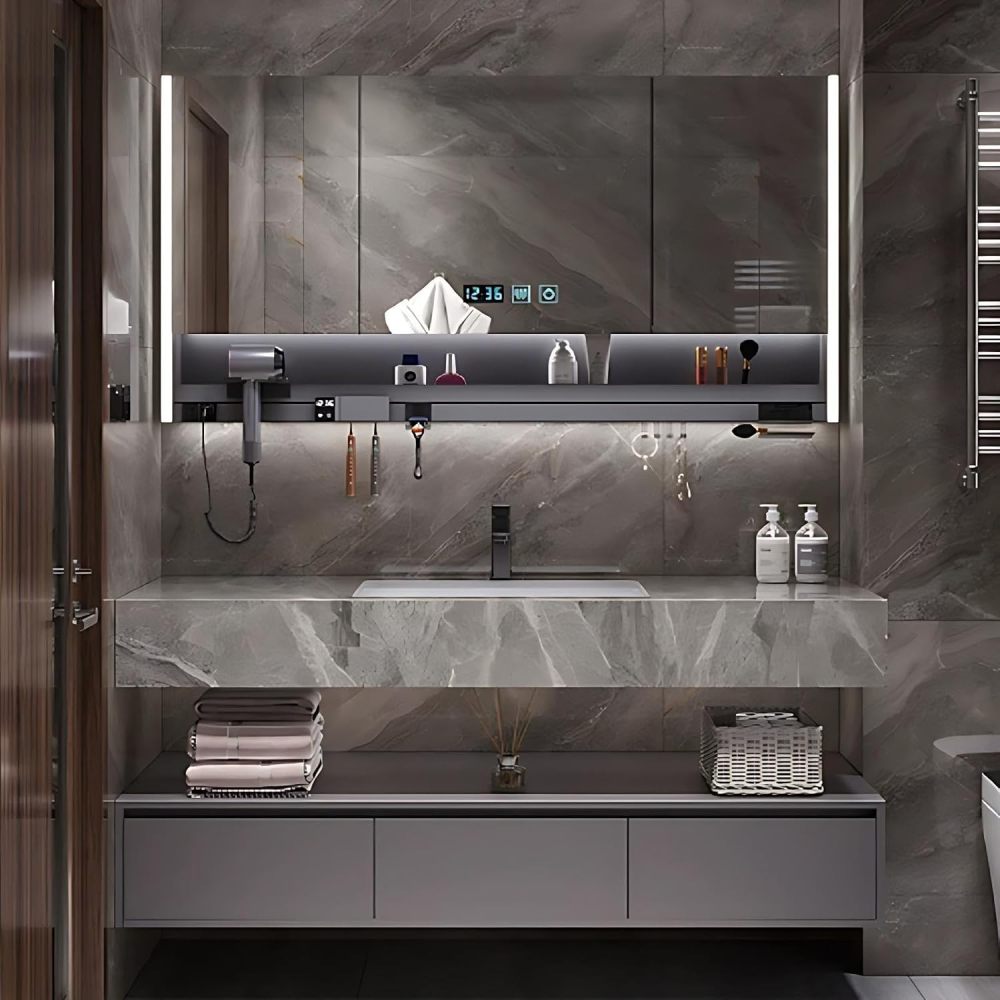 60IN Bathroom Vanity - Modern Bathroom Vanity with Smart Defog Mirror, One-Touch Defog & Lighting, Floating Bathroom Sink Cabinet with 3 Drawers & Seamless Sink, No Assembly Required