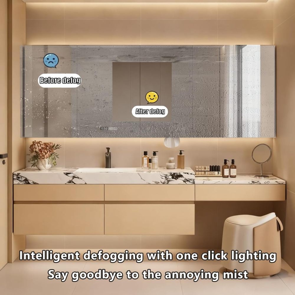 72IN Bathroom Vanity with Sink - Wall-Mounted Bathroom Vanity with Anti-Fog Mirror, Solid Wood Sink Cabinet, Independent Makeup Area, Includes Makeup Stool, Fully Assembled, Khaki