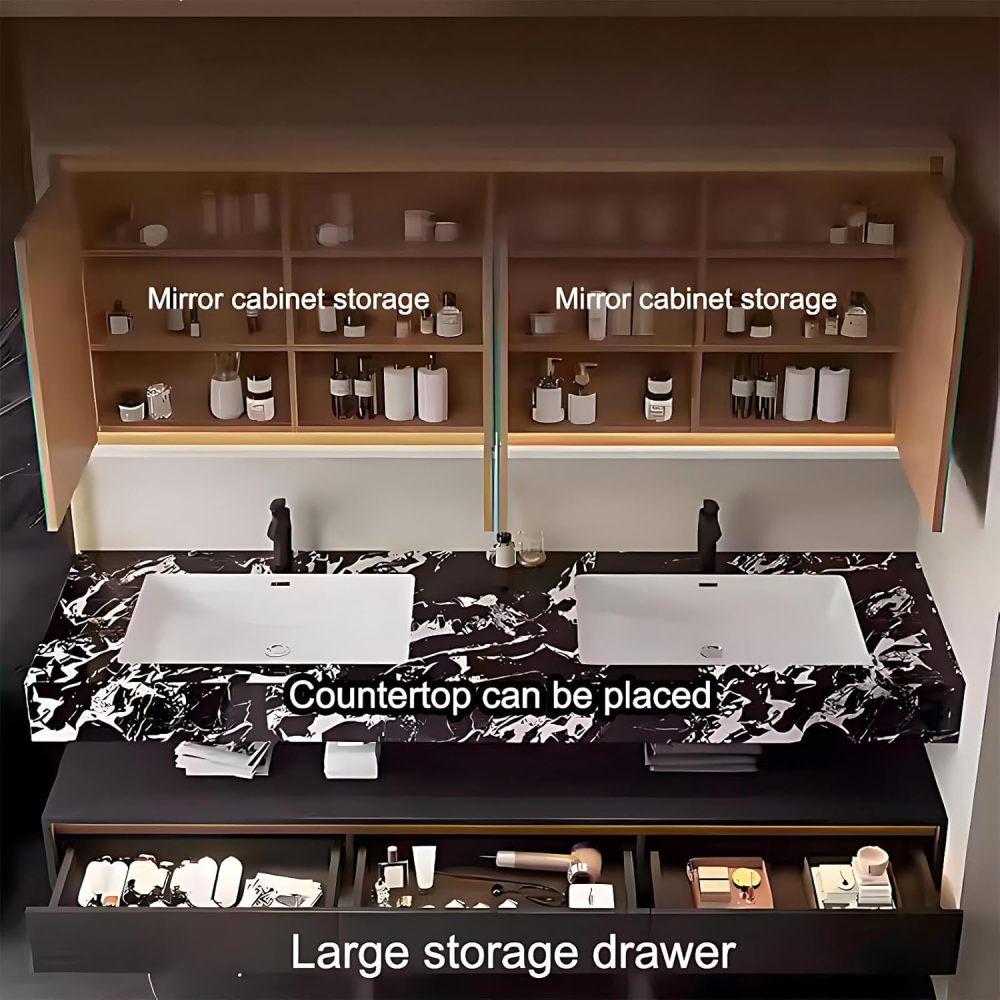98IN Bathroom Vanity with Sink - Floating Bathroom Vanity with Smart Defog Mirror & Seamless Sink, Modern Sink Cabinet with 3 Drawers, No Assembly Required