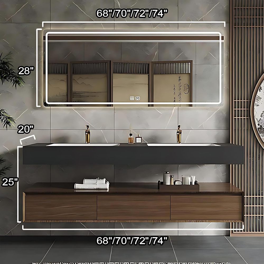 70IN Double Sink Bathroom Vanity - Modern Bathroom Vanity with Smart Defog Mirror, Simple Modern Sink Cabinet with 3 Large Capacity Drawers, No Assembly Required