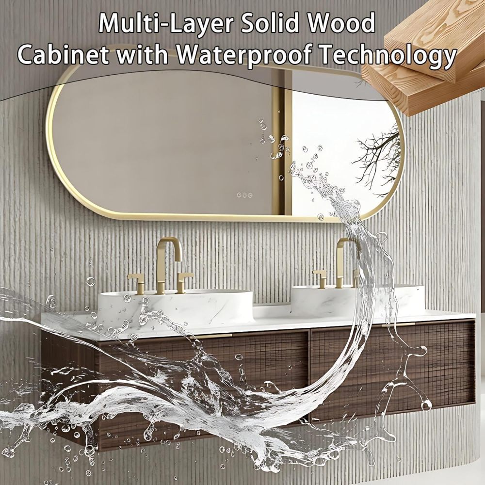 60IN Double Sink Bathroom Vanity - Solid Wood Bathroom Vanity with Smart Defog Mirror, Floating Sink Cabinet with 2 Drawers, Complete Accessories, No Assembly Required, Wood