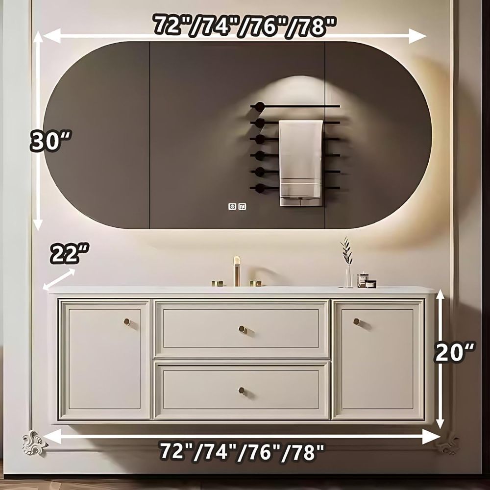 72IN Floating Bathroom Vanity with Sink - Solid Wood Sink Cabinet with 2 Drawers & 2 Cabinets, Smart Anti-Fog Mirror, Seamless Basin, Complete Accessories, Fully Assembled, White B