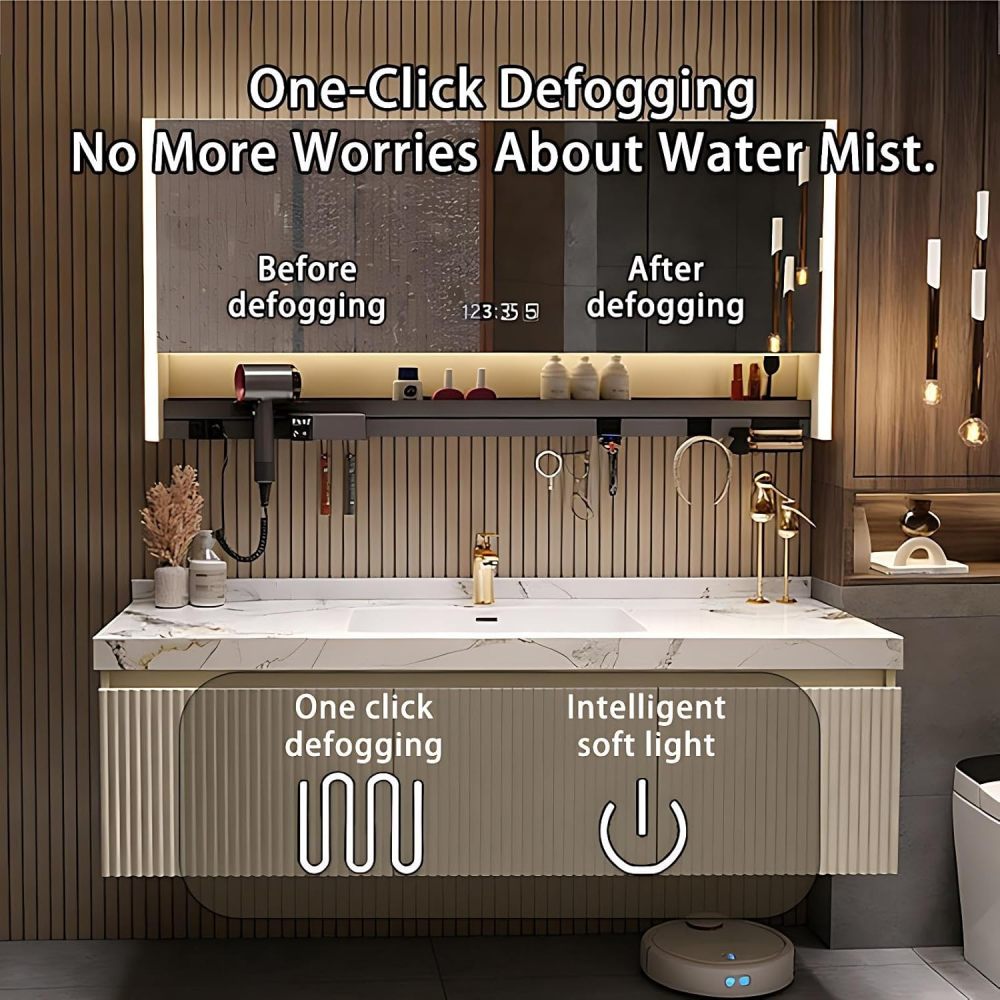 60IN Bathroom Vanity - Modern Bathroom Vanity with Anti-Fog Mirror Cabinet, One-Touch Defog & Lighting, Floating Bathroom Vanity Cabinet with Storage, Multi-Layer Solid Wood Material
