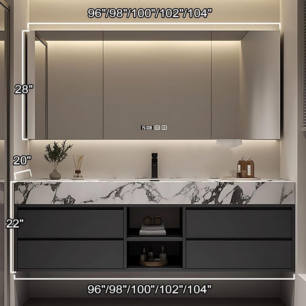 98IN Bathroom Vanity - Simple Bathroom Vanity Smart Defog Mirror & Seamless Sink, Solid Wood Sink Cabinet with 4 Drawers, Complete Accessories, No Assembly Required, Grey