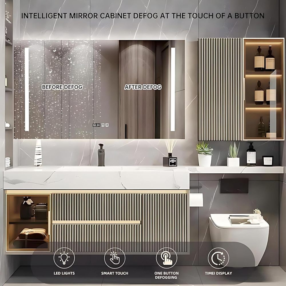 118IN Bathroom Vanity Sink Set - Modern Bathroom Vanity Set Include Smart Defogging Mirror & Side Cabinet & Extended Countertop, Complete Accessorie, Fully Assembled, Gold