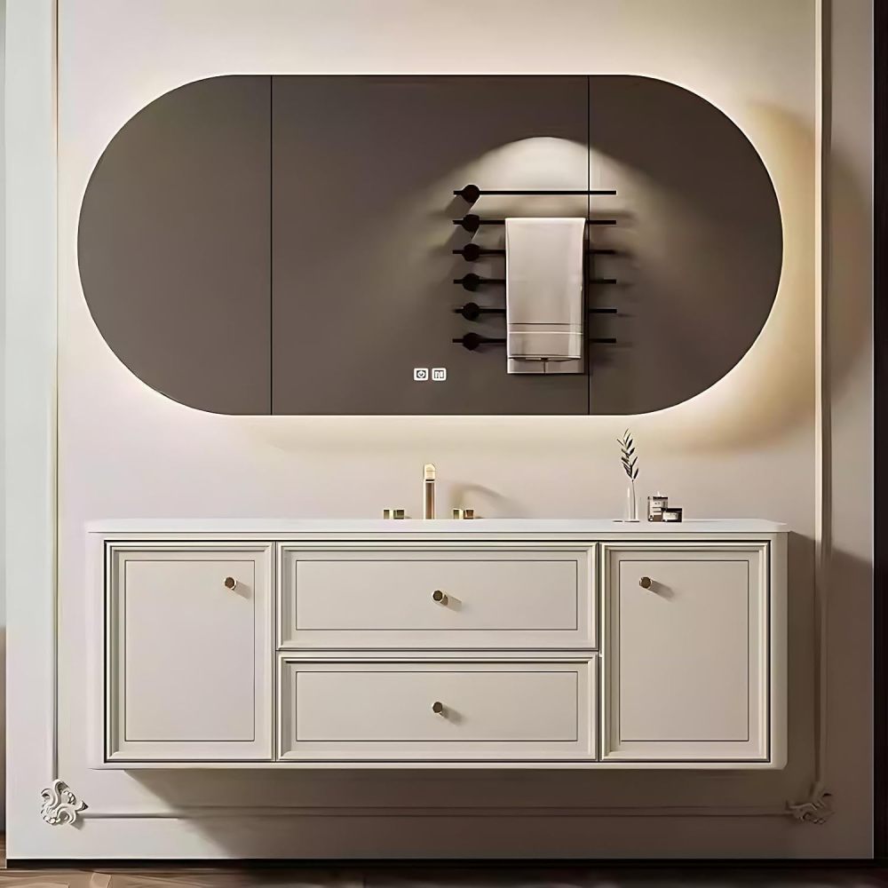 72IN Floating Bathroom Vanity with Sink - Solid Wood Sink Cabinet with 2 Drawers & 2 Cabinets, Smart Anti-Fog Mirror, Seamless Basin, Complete Accessories, Fully Assembled, White B