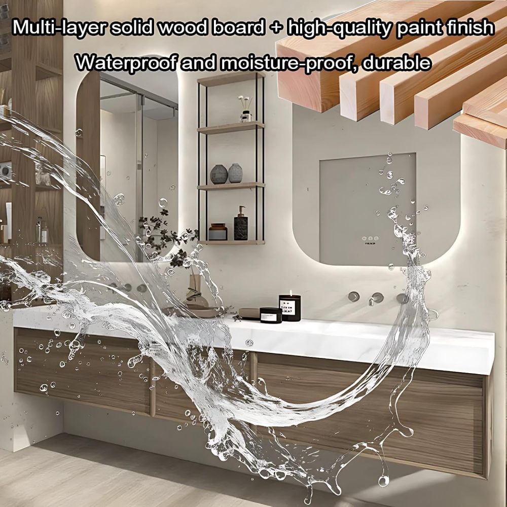 82IN Double Sink Bathroom Vanity - Modern Bathroom Vanity with 2 Smart Defog Mirror, Solid Wood Sink Cabinet with Multiple Storage Areas, No Assembly Required