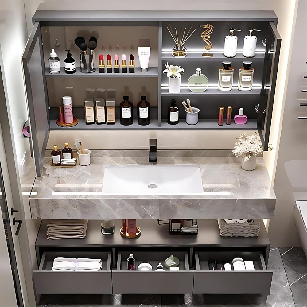 60IN Bathroom Vanity - Modern Bathroom Vanity with Smart Defog Mirror, One-Touch Defog & Lighting, Floating Bathroom Sink Cabinet with 3 Drawers & Seamless Sink, No Assembly Required