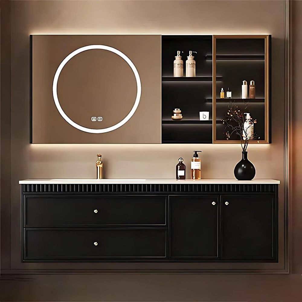 60IN Bathroom Vanity - Solid Wood Bathroom Vanity with Anti-Fog Mirror Cabinet, Floating Sink Cabinet with Multiple Storage Areas, No Assembly Required, Black